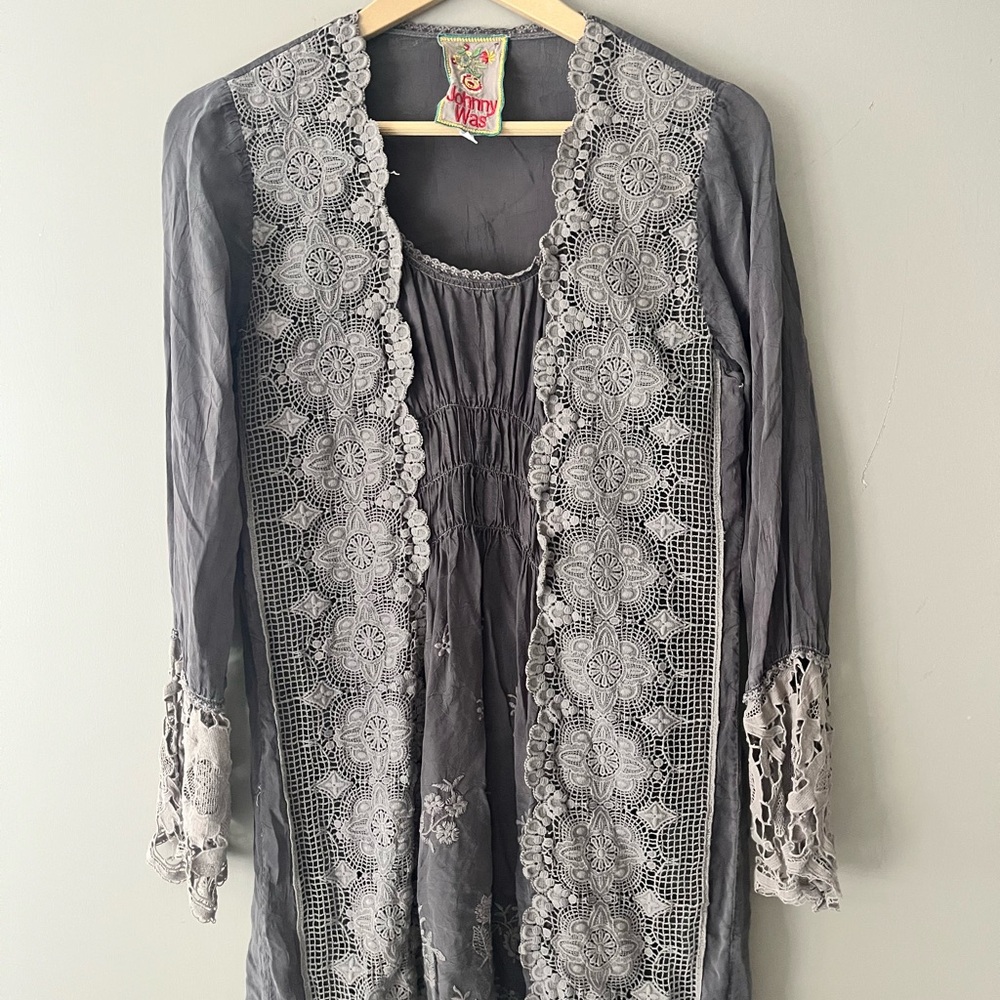 Johnny Was Charcoal Lace Tunic Top XS